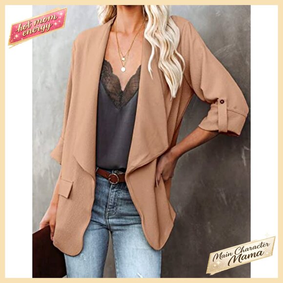 Casual Blazer Jacket Roll Up Sleeves Open Front Work Office Business Chic - Picture 2 of 7